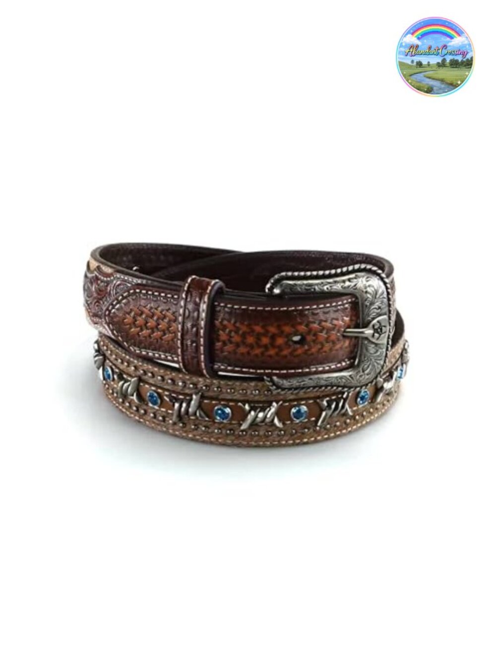 Genuine Leather Fashion Belt with Triple Snap Buckle and Blue Crystal Accents